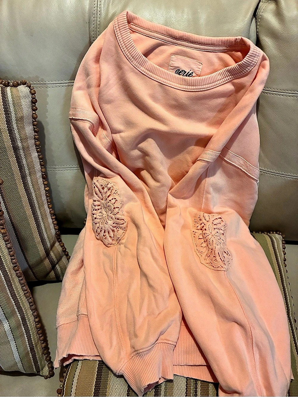 Aerie Keep It Light Crochet Crew Sweatshirt Pink XS